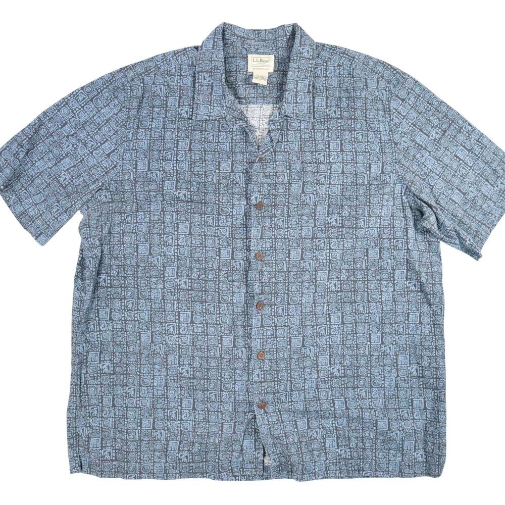 L.L. Bean Aztec Glyph Camp Shirt Mens XL Blue Hawaiian Aloha Vintage 90s